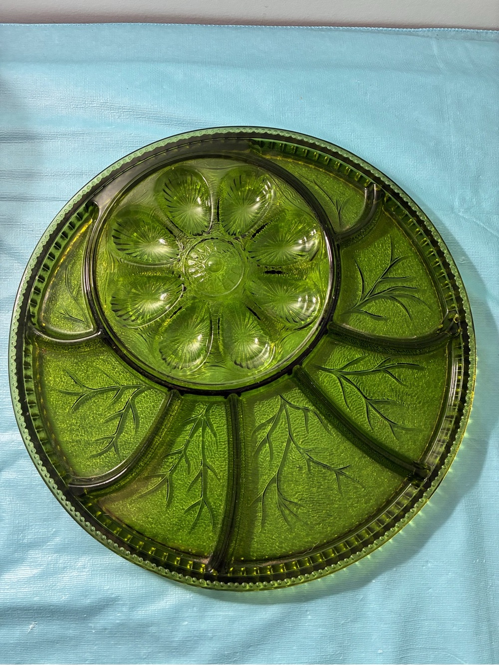 Vintage MCM Avocado Green Indiana Glass Split Egg Divided Cheese Fruit Tray